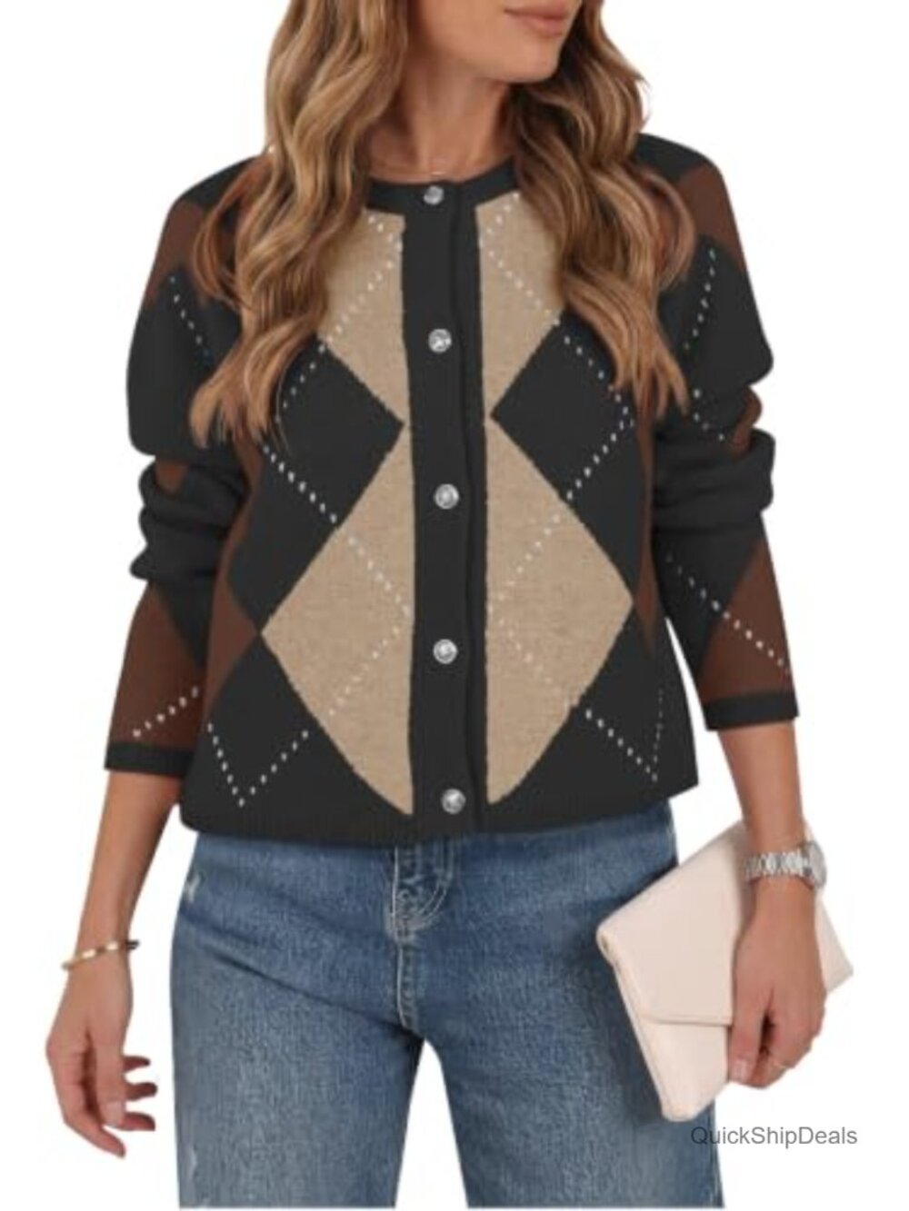Saodimallsu Women's Color Block Argyle Cardigan Crew Neck Knit Sweater